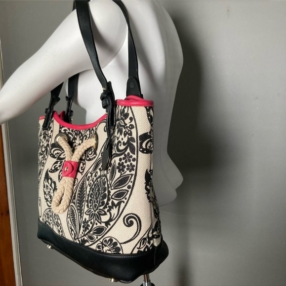 Spartina Tote Linen Canvas Double Leather Straps Paisley Print Rope Detail GUC - Picture 3 of 14
